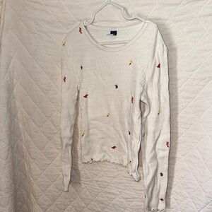 Old Navy Girls Long Sleeve Rib-Knit Tee - Cream with Embroidered Accents